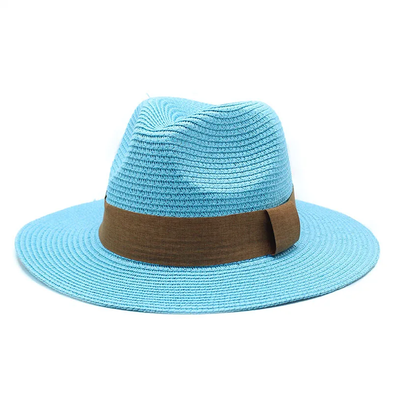 

Simple Fashion Summer Outdoor Sunshade Wide Brim Colorful Straw Hat Casual Jazz Church Caps With Silk Ribbon Flat Top Straw Hats