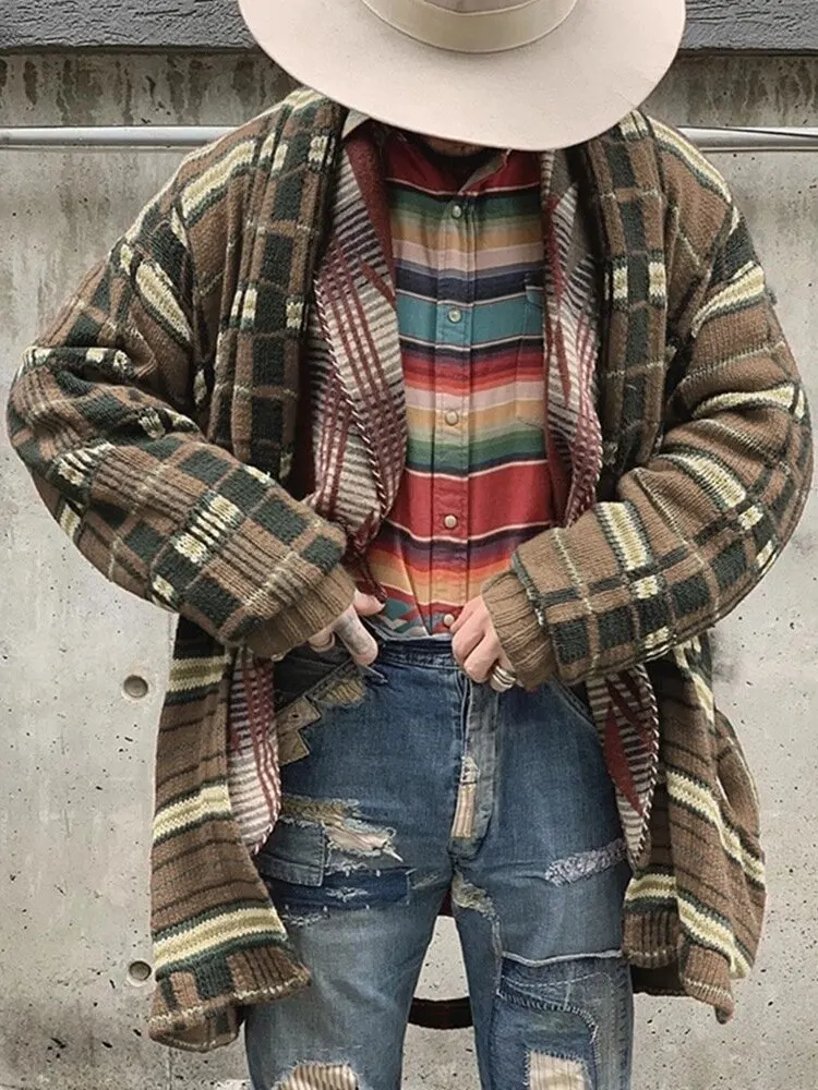 

Mexcian Style Cardigan Men Long Sleeve Midi Sweater Coat Plaid Printed Casual Cardigans 2020 New Limited Genuine New Pull Hommr