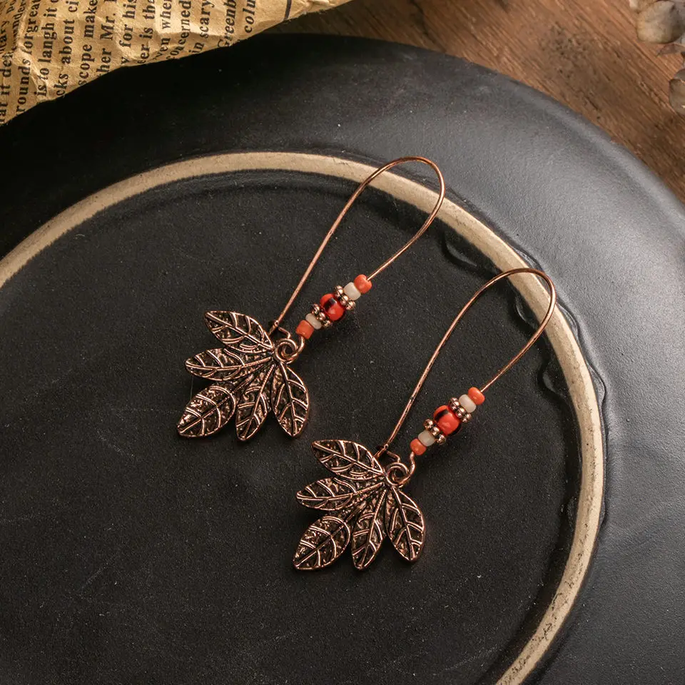 Винтажные этнические богемные серьги-подвески в виде розового золота с листьями