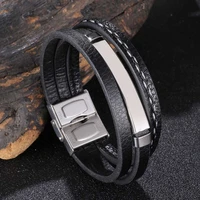 trendy multilayer leather bracelet bangle men hand jewelry stainless steel punk vintage wristband for male boyfriend gift sp1153