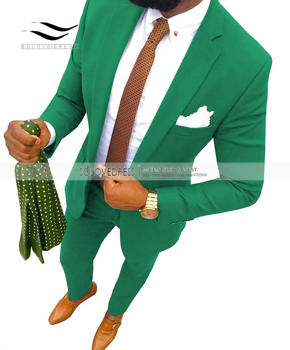 Green Новинка, кофейный мужской костюм, модный, 2 предмета, с отворотом, плоский, приталенный, смокинг, Женихи, мужской блейзер для свадьбы, выпускного, вечерние - Цвет: Green
