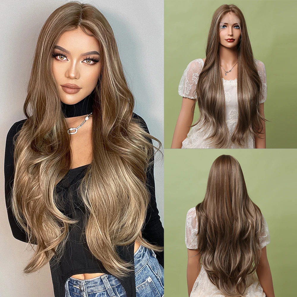 

ALAN EATON Synthetic Front Lace Wig for Women Middle Part Long Wavy Brown Highlight Blonde Cosplay High Density Heat Resistant