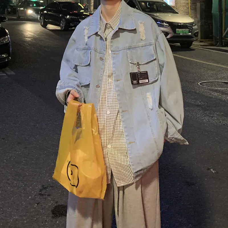 

Men's denim jacket's 2021 spring autumn new solid color blue loose loose washed texture ripped jacket retro casual youth men