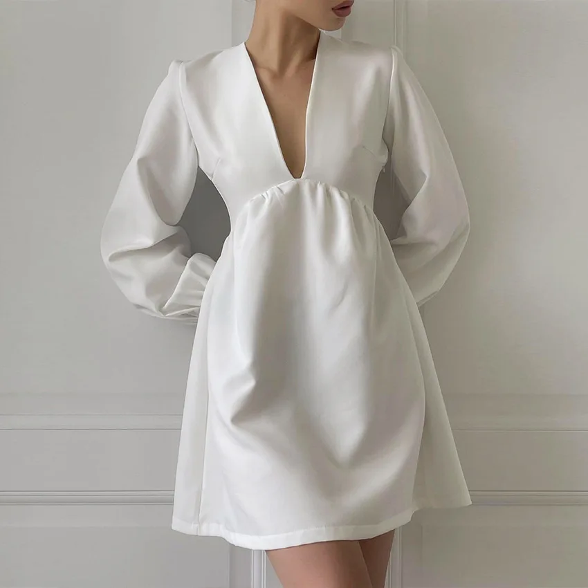 

Deep V Neck White Women Dress Puff Sleeve A Line Female Elegant Dresses Autumn Long Sleeve Black Fashion Mini Short Dress 2021