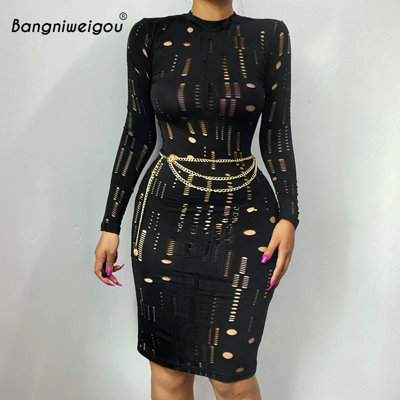 

Bangniweigou ripped holes elegant midi dress women wear to work office outfit autumn black orange casual sheath 2021
