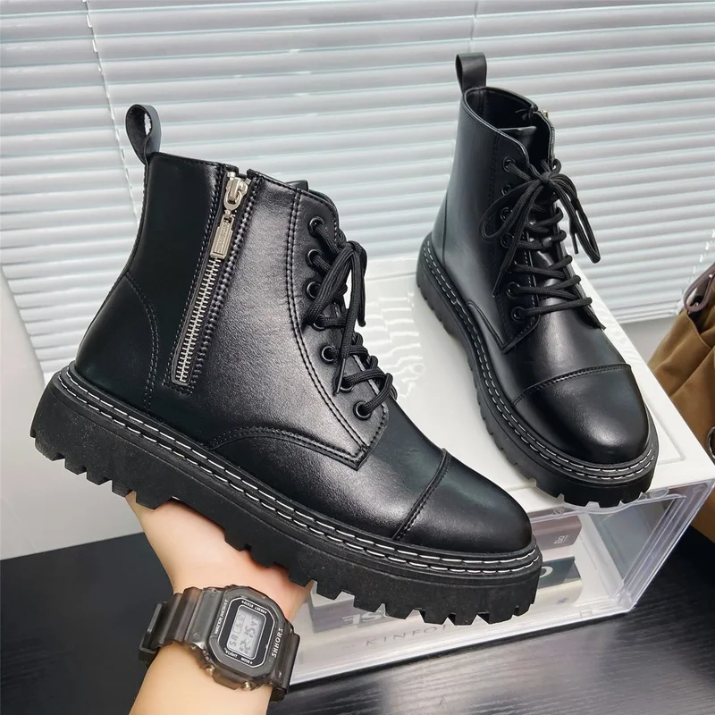 

Мужские ботинки, черные ботинки на платформе, ботинки мартинсы на толстой подошве, мужские ботинки с боковой молнией, кожаные ботильоны чел...