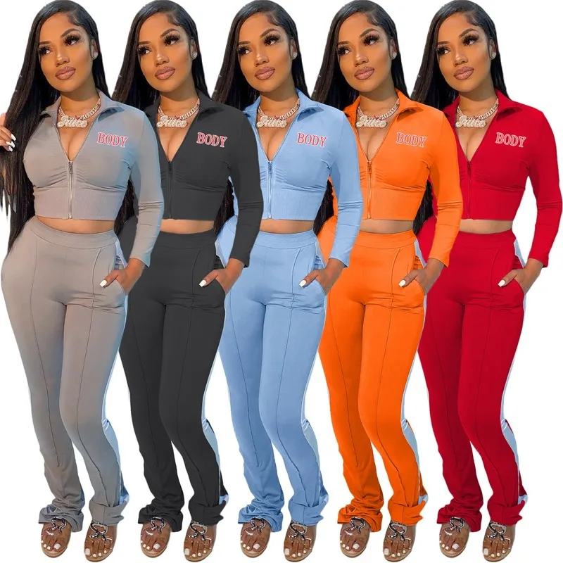 

2021 Letter Print Zip GYM Two Piece Set Turn Down Collar Long Sleeve Crop Top Pencil Pants Tracksuit Autumn Workout Fitness