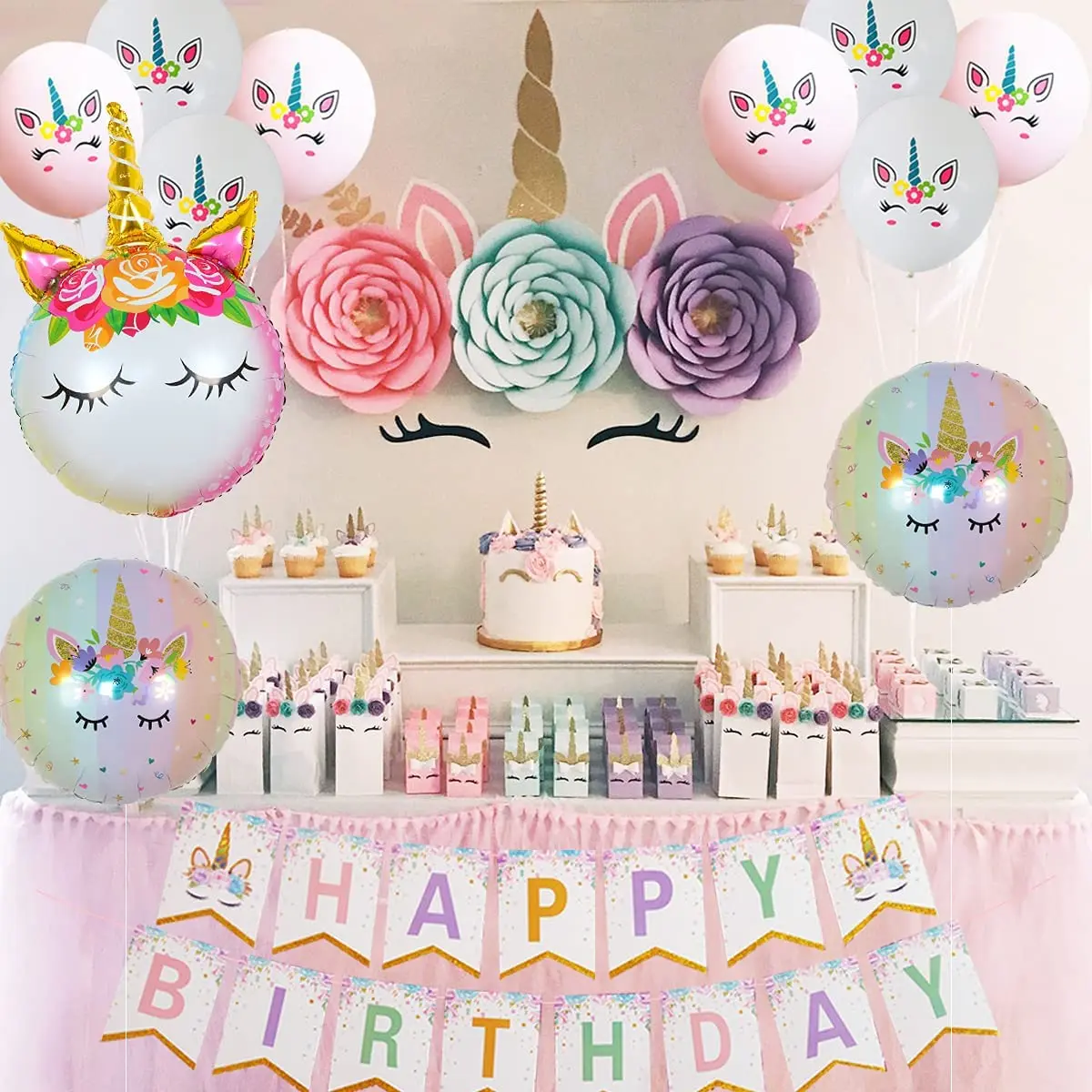 Decoraciones de fiesta de cumplea&ntilde;os para ni&ntilde;as de 5 a&ntilde;os, pancarta de feliz cumplea&ntilde;os, globos de papel de aluminio HI FIVE de unicornio degradado-1