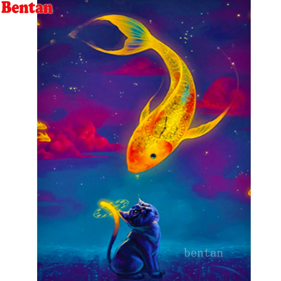 

Diamond Embroidery Diamond mosaic Cat and gold fish carp koi abstract Full drill round rhinestone Diamond painting cross stitch