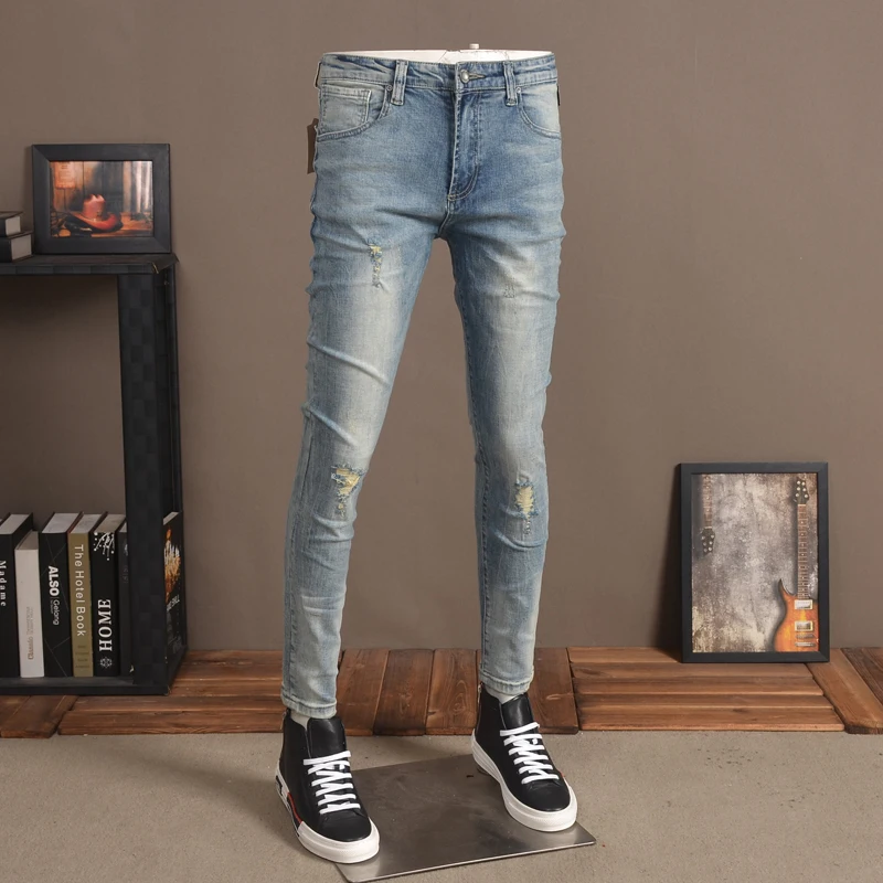 Men Blue Jeans Fashion Embroidery Cotton Slim Fit Pants Streetwear Ripped Stretch Denim Trousers