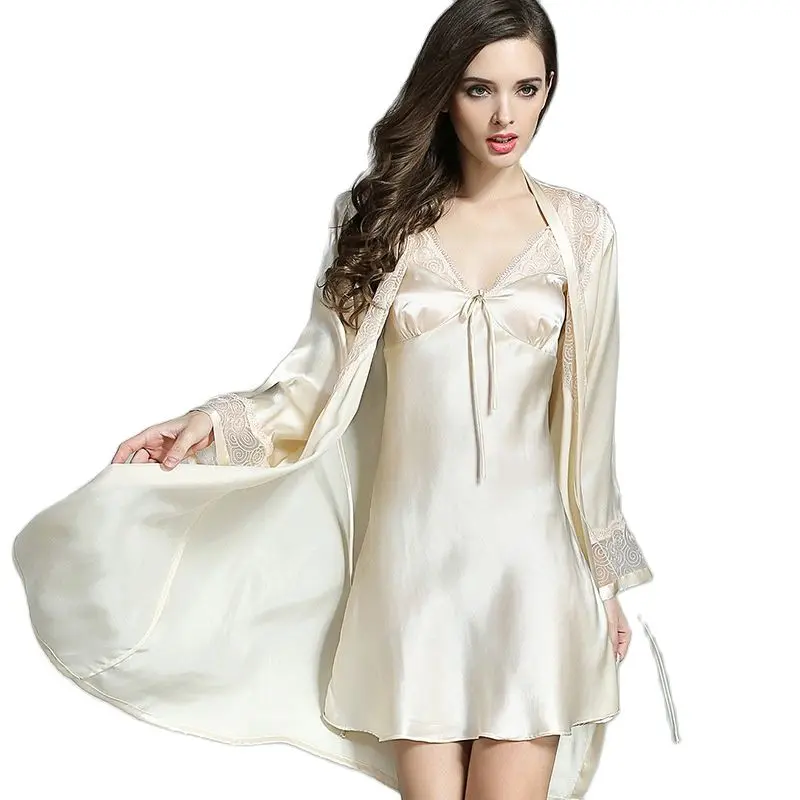 Шелковая женская ночная рубашка из 100% шелка комплект двух предметов летняя