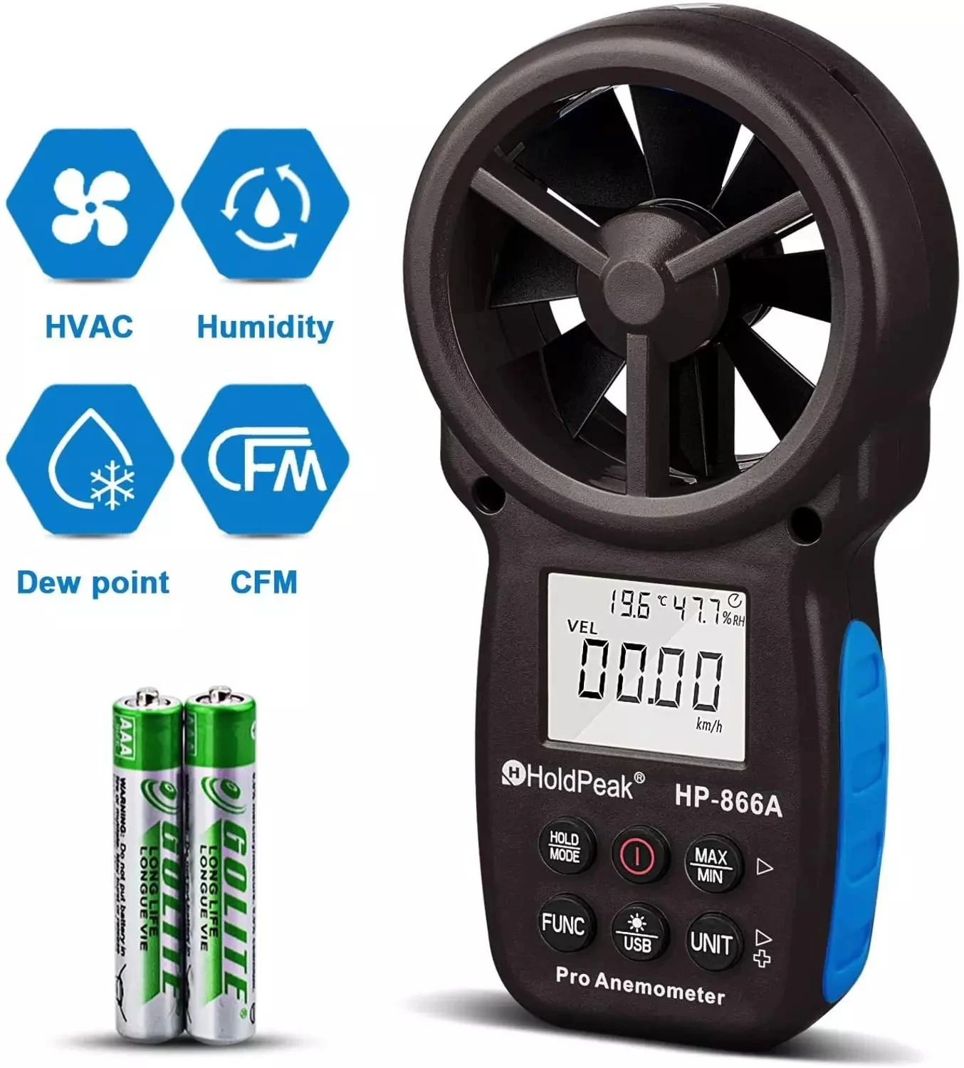 

HoldPeak 866A Digital Anemometer - Wind Speed Meter Measures Wind Speed,Temperature,Wind flow with Data Hold & USB