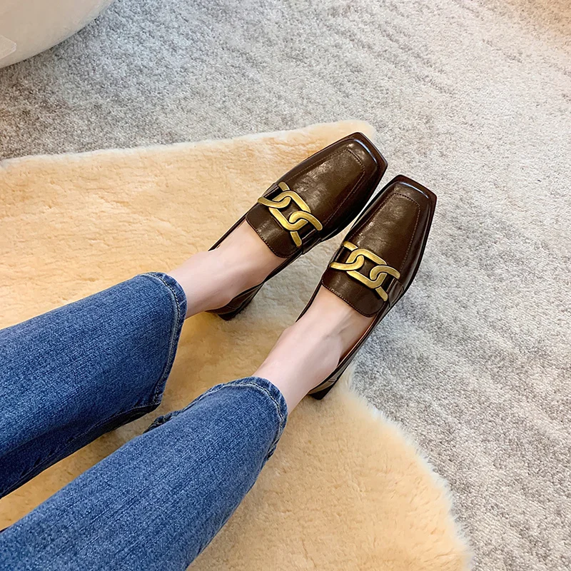 

Genuine Leather Women Flats Slip On Black Chain Loafers 2021 Fashion Casual British Style Oxford Shoes Square Toe Footwears P15F