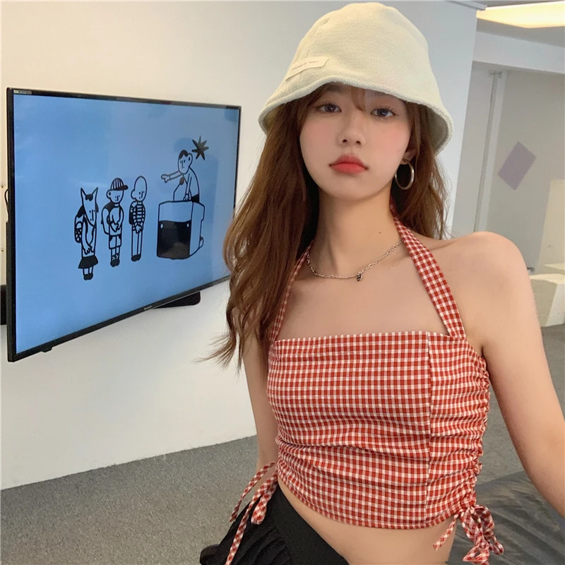 

French Style Retro Short Plaid Lace-up Small Sling Women's Summer Slim Outer Wear Drawstring Ruffle Halter Tube Top Vest