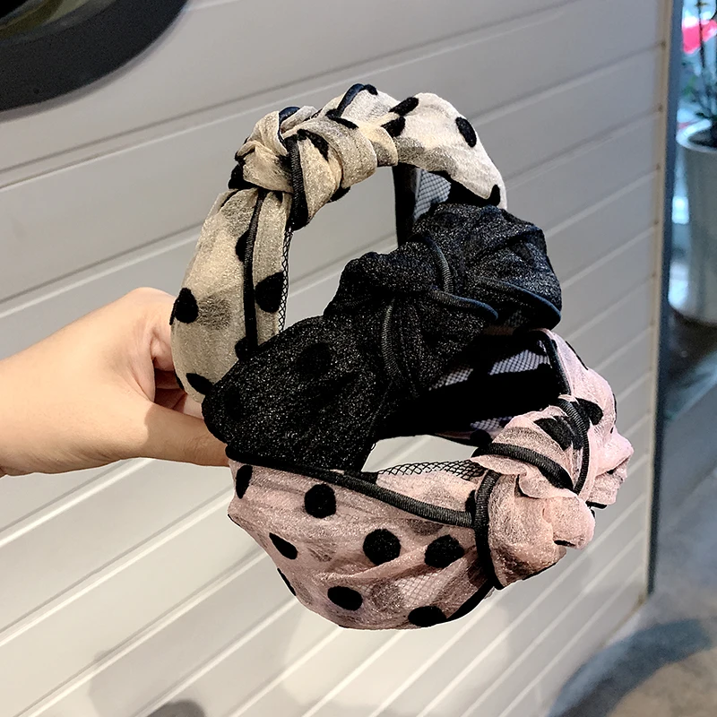 Женская шифоновая повязка на голову в горошек элегантная с украшением аксессуар