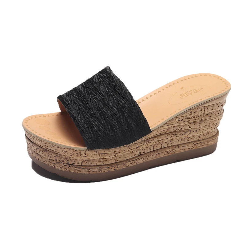 Шлепанцы на танкетке Женские летние сандалии с широко открытым носком толстой