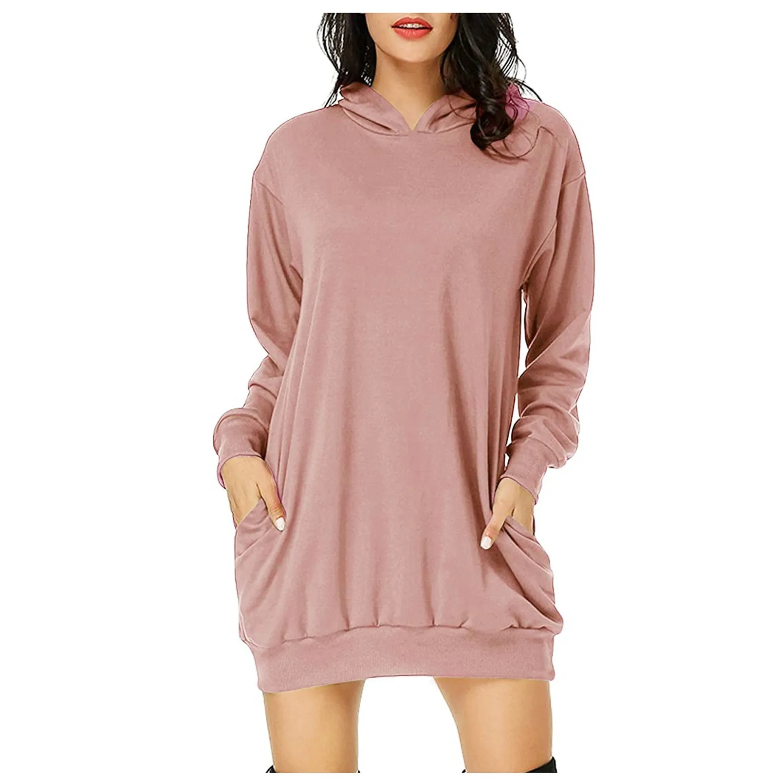 

Y2k Dress Women Long-sleeved Pocket Pullover Hoodie Mini Dress Waist Sweatshirt Solid Tops Sukienki Damskie Z Dlugim Rekawem