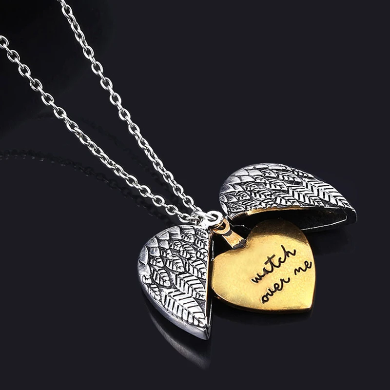 Модные ангельские крылья сердце ожерелье двойной слой Выгравированные часы над