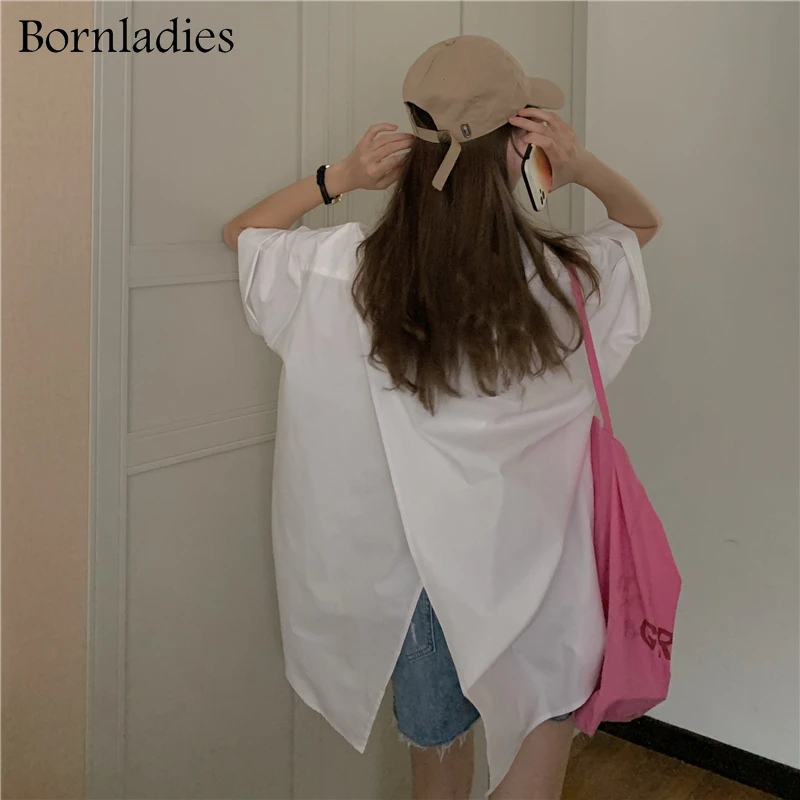 

Bornladies 2021 Summer Korean Chic Light Green Cotton Shirts Women Loose Casual Blouse Turn-down Collar Back Split Blouse Shirts
