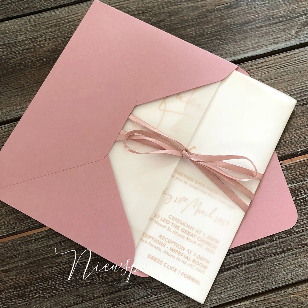 

Gold foil print Calligraphy Elegant Classic wedding invitationwith blush pink envelopetransparent cover