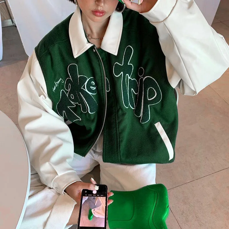 

Green Loose Jacket Women Lapel Letter Embroidery Contrast Color Design Zipper Belt Pocket Coat Fashion Street Hipster Top 2021