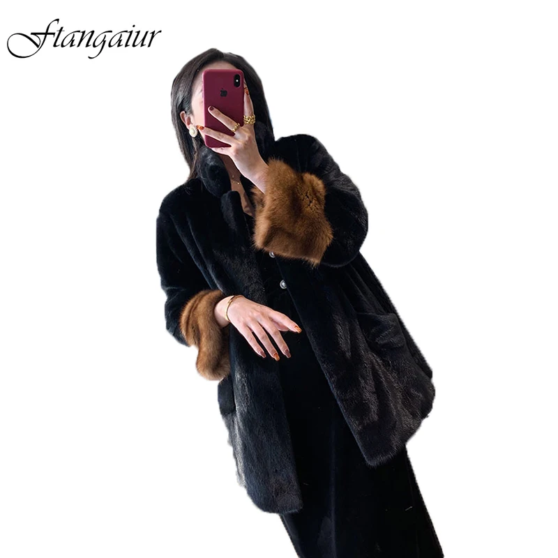 

Ftangaiur New Winter Import Purple Label Velvet Mink Fur Coat Sable Sleeve Turn-Down Collar Women Medium Real Mink Fur Coats