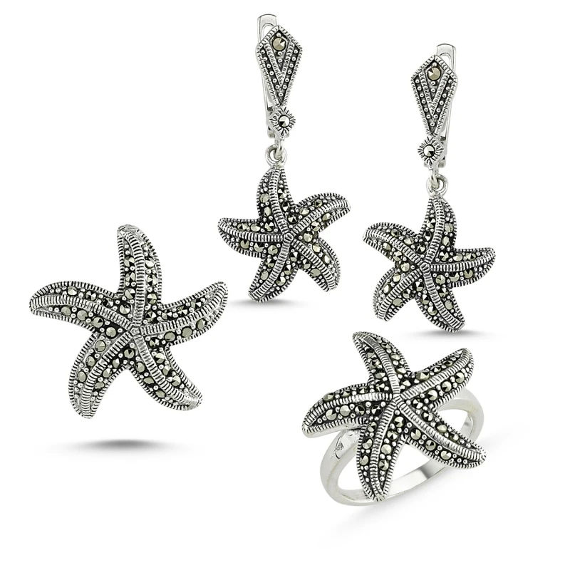 

Silverlina Silver Marcasite Sterling Pendant Earring & Ring Set