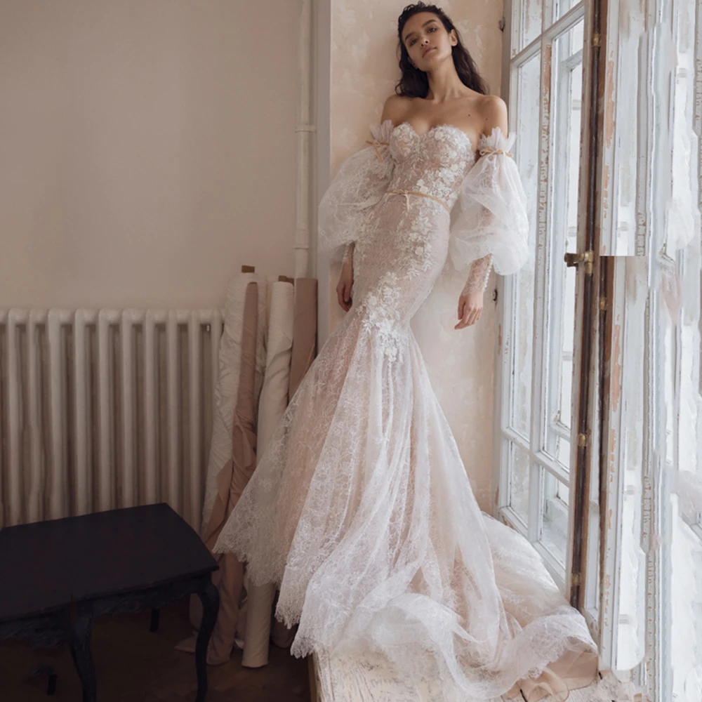 

Sexy Sweetheart Mermaid Weddding Dresses Off The Shoulder Long Sleeves Bow Appliques Sashes Bridal Gowns 2021 Vestido De Noiva