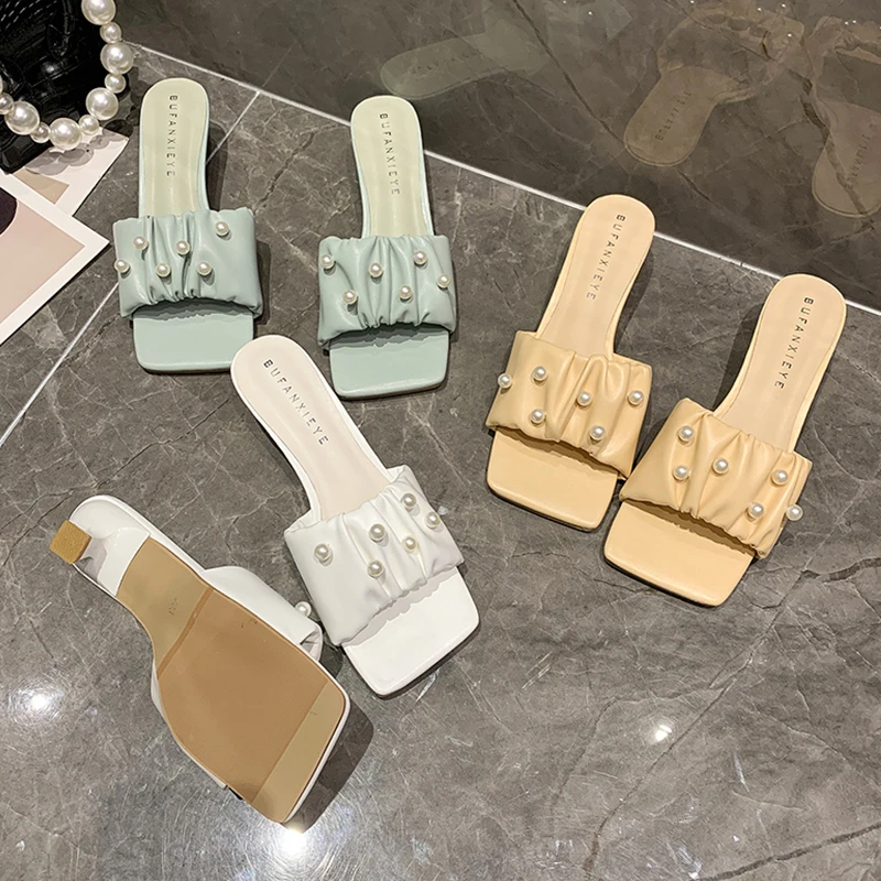 

Female Shoes Womens Slippers Outdoor Med Lady Luxury Slides Heeled Mules 2021 Girl Designer High Summer Rubber PU Rome Strange