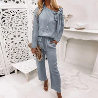 women autumn solid suits blouse shirt drawstring long pants female trousers pajama sets two pieces sets women loose clothing