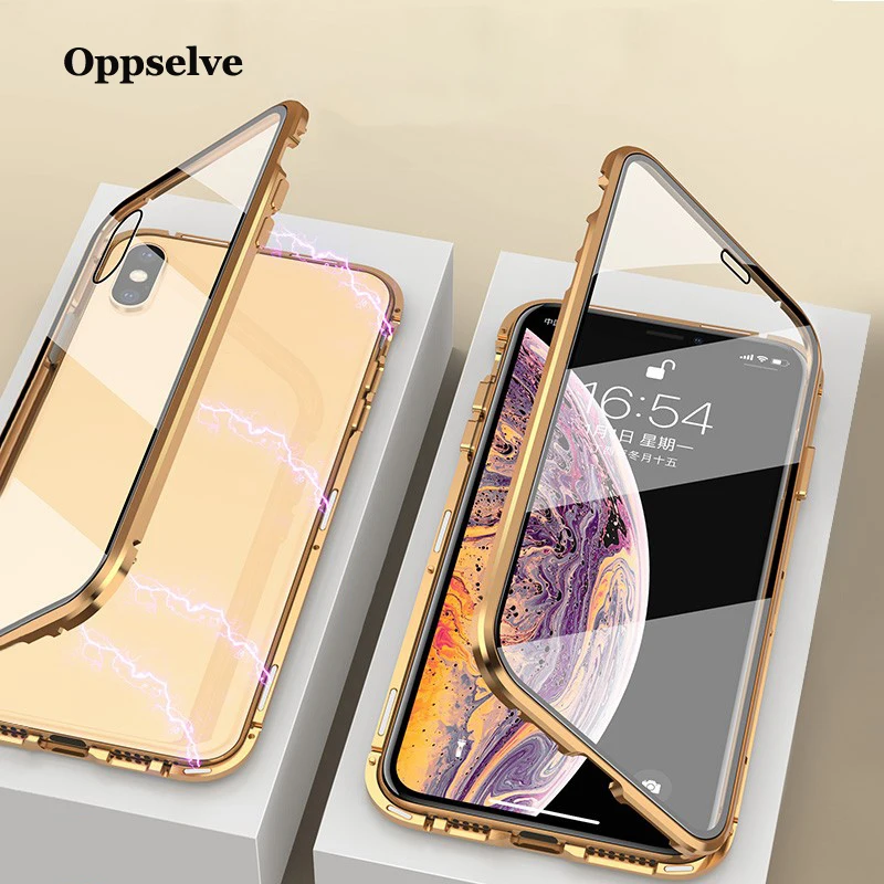 Oppselve Магнитный чехол для iPhone XR XS MAX X 8 7 6 6S Plus, двусторонний металлический чехол из закаленного стекла, магнитный чехол s, чехол Capinhas