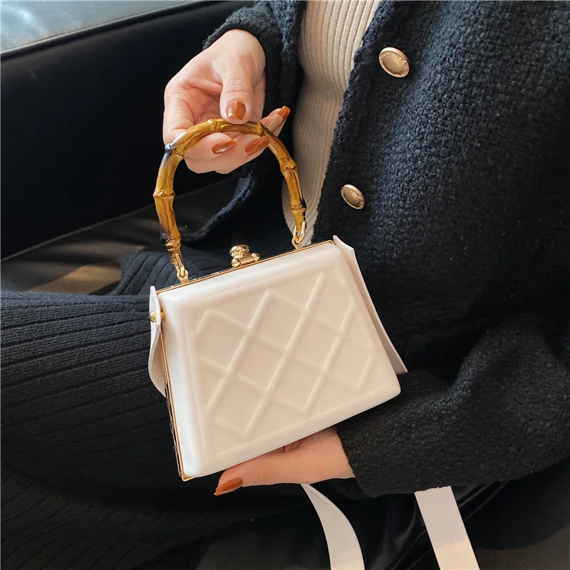 

2021 New Embossed Small Square Bag Bamboo Handle Single Shoulder Messenger Women's Bag Purses and Handbags Luxury Designer