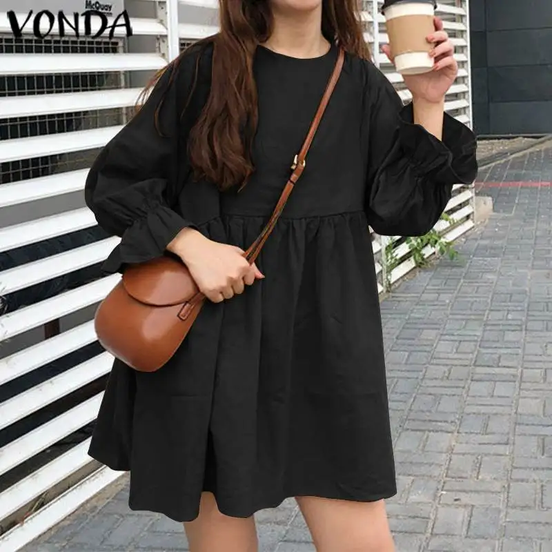 Женское мини-платье VONDA с круглым вырезом и длинным Расклешенным рукавом