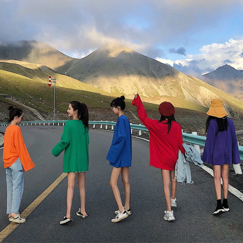 

T-shirts Women Long Sleeve Spring Solid Long-style Loose Oversize Casual Fashion Female T-shirt Simple All-match Korean Crop Top