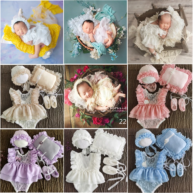 Newborn Photography Clothing Hat+Headband+Pillow+Jumpsuit+Shoes Baby Girl Photo Props Accessories Infant Shoot Princess Outfits