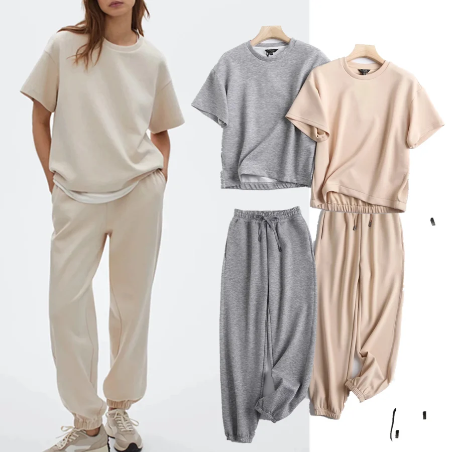 

Комплект из двух предметов Elmsk 2021, модные однотонные короткие толстовки с круглым вырезом и штаны-джоггеры в английском стиле, женские спорт...