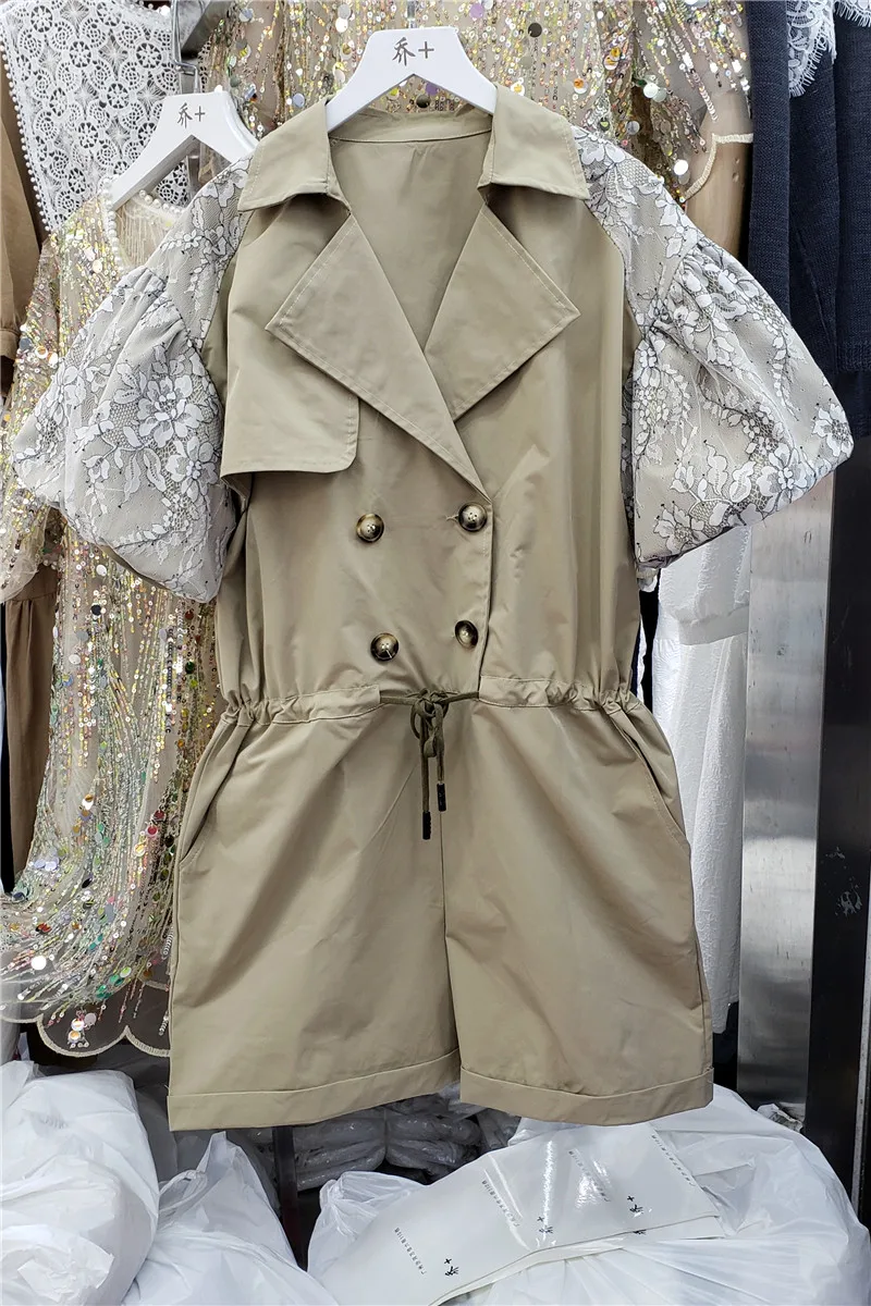 

New women's dress in summer 2020: Korean lace stitching bubble short sleeve double breasted Jumpsuit