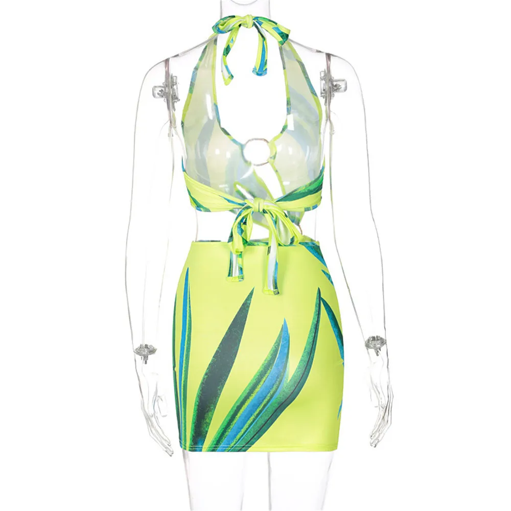 

Sexy Hollow Bandage Halter Dress For Women Summer Beach Holiday Printed Dresses Fashion Club Robe Vestidos Female Clothing 2021