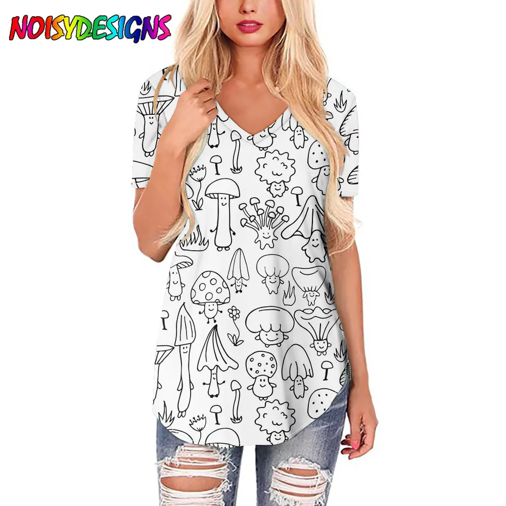 

NOISYDESIGNS 2021 Women T-shirts Colorful Mushrooms Printed Womne Tshirt Summer V-neck Short Sleeve Tops Tees Vetement Femme