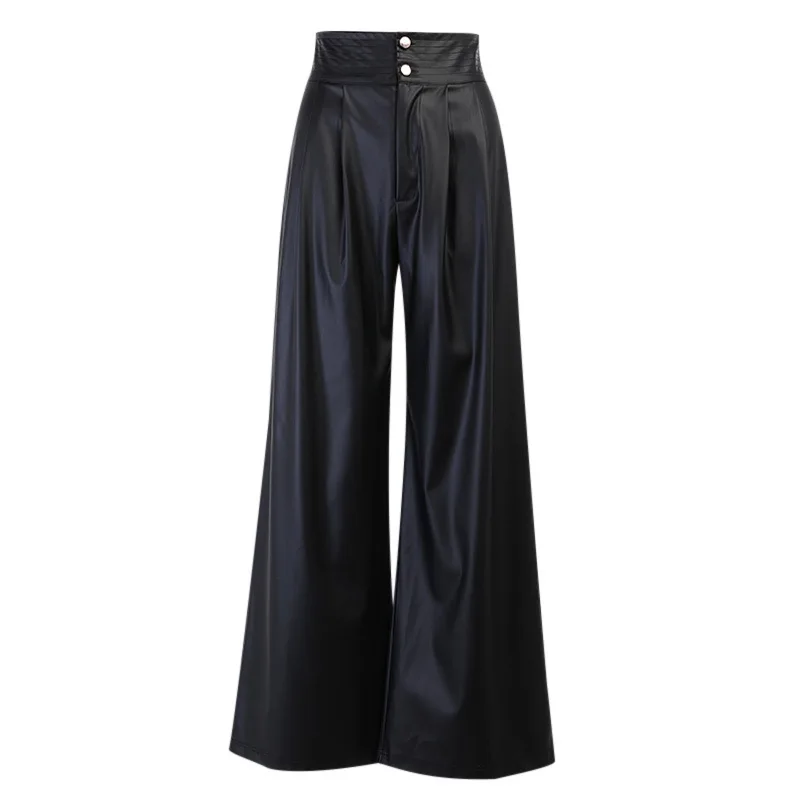 

2021 new autumn solid color wide leg PU leather pants sexy high waist fashion leather pants women