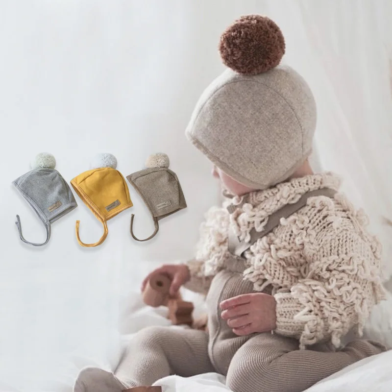 

Korean Style Autumn Winter Unisex Cute Pompom Cotton Earflap Caps For Newborn Toddler Kids Girls Cap Baby Boy Hats Beaine Bonnet