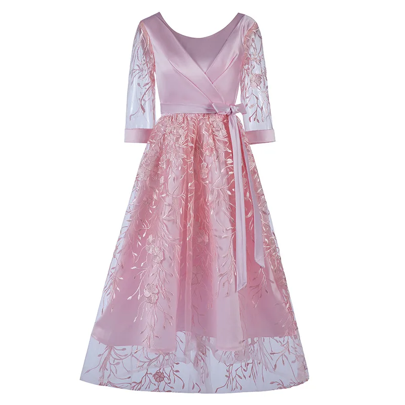 

Bride Bridesmaid Wedding Party Evening Dress Sweet Lace Satin Pleated Dresses Sexy O-Neck Banquet Party Prom Gown 3XL Vestidos