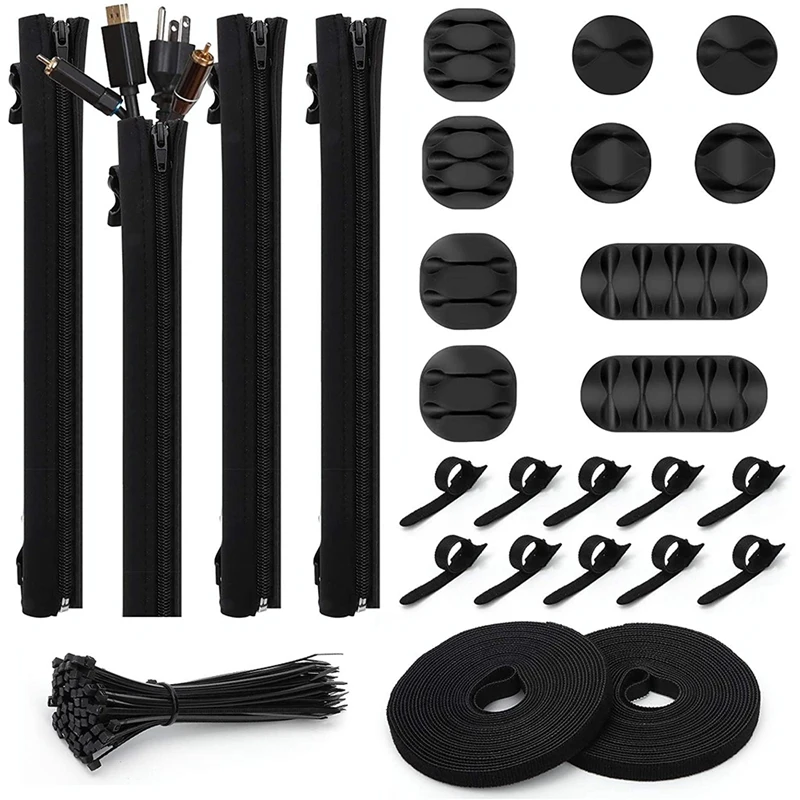 

126Pcs Cable Management Organizer Kit, 4 Cable Sleeve 10 Reusable Cable Ties Cord Organizer for Office Desk Electronics