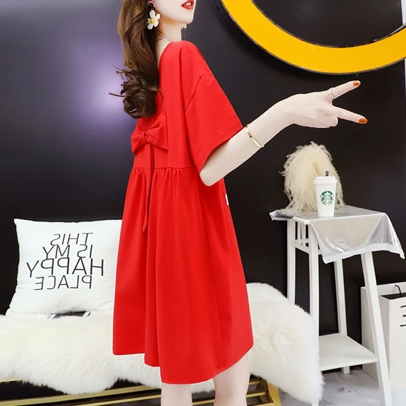 

Large Size Loose Dress for Plump Girls Summer New Mid-Length Covering Belly Thin Bow Short Sleeve T-shirt Skirt