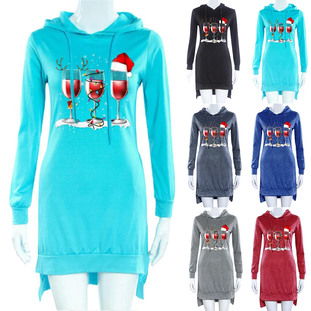 

Sweatshirt Dress Women's Christmas Wine Glass Printed Sweatshirts Long Sleeve Hooded Split Pullover Casual Female Clothing