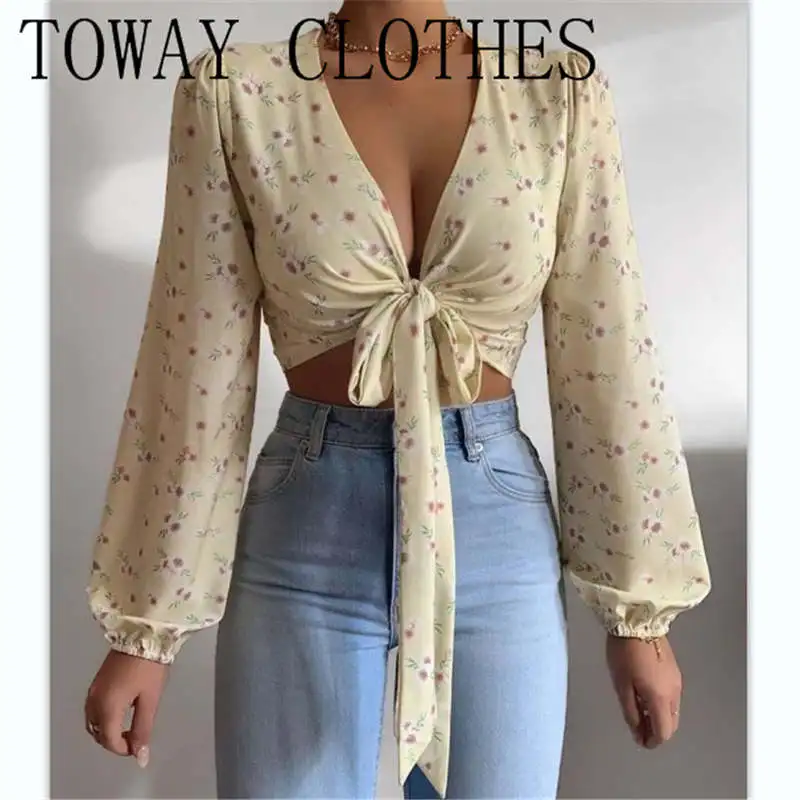 

Floral Print Lantern Sleeve Floral Print Knotted Front Crop Top Chic Shirt Blouses Summer Top For Women 2021