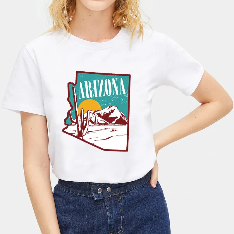 Qlychee Harajuku белые женские летние топы повседневные футболки с принтом Arizona View топ