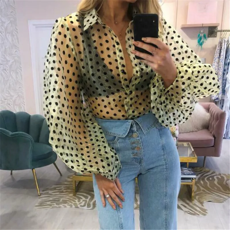 Женские Blusas, новые женские прозрачные сетчатые ретрорубашка, прозрачная Элегантная блузка с рукавами-клеш, модная женская блуза, топы