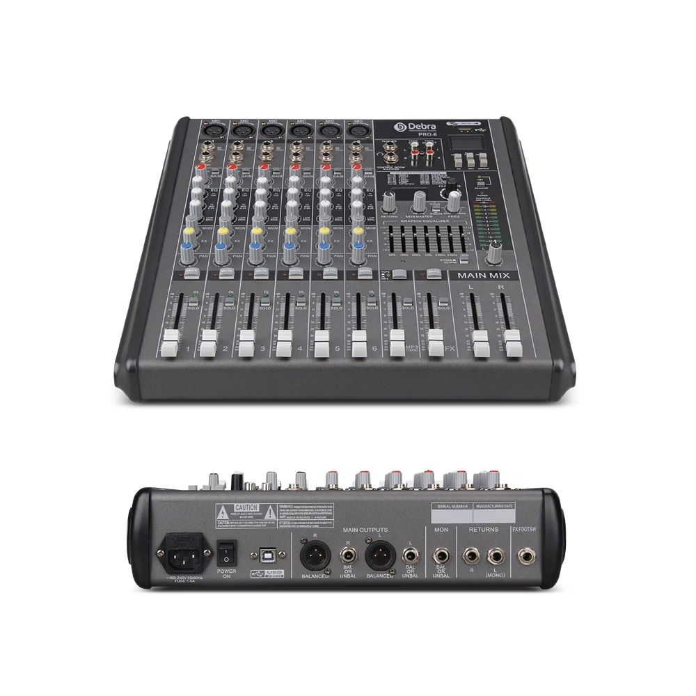 Профессиональный 6-канальный аудиомиксер DJ с 256DSP bluetooth USB 48 В для сценической