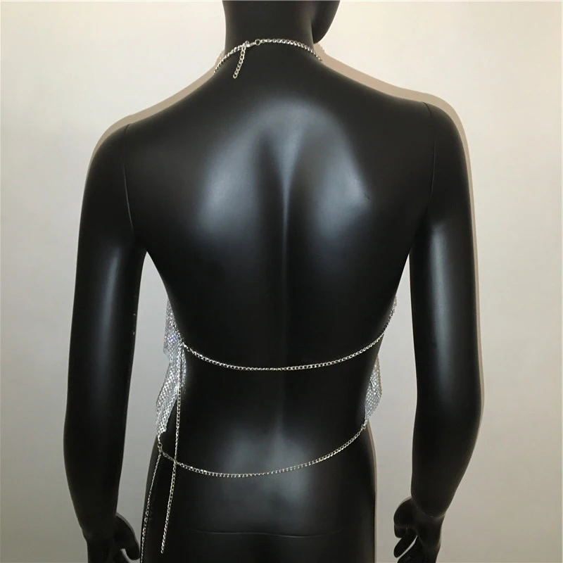 

Celebrity Sexy Backless Spaghetti Strap Rhinestone Tank Top Fashion Hollow Out Adjustable Metal Chain Diamond Crop Top Nightclub